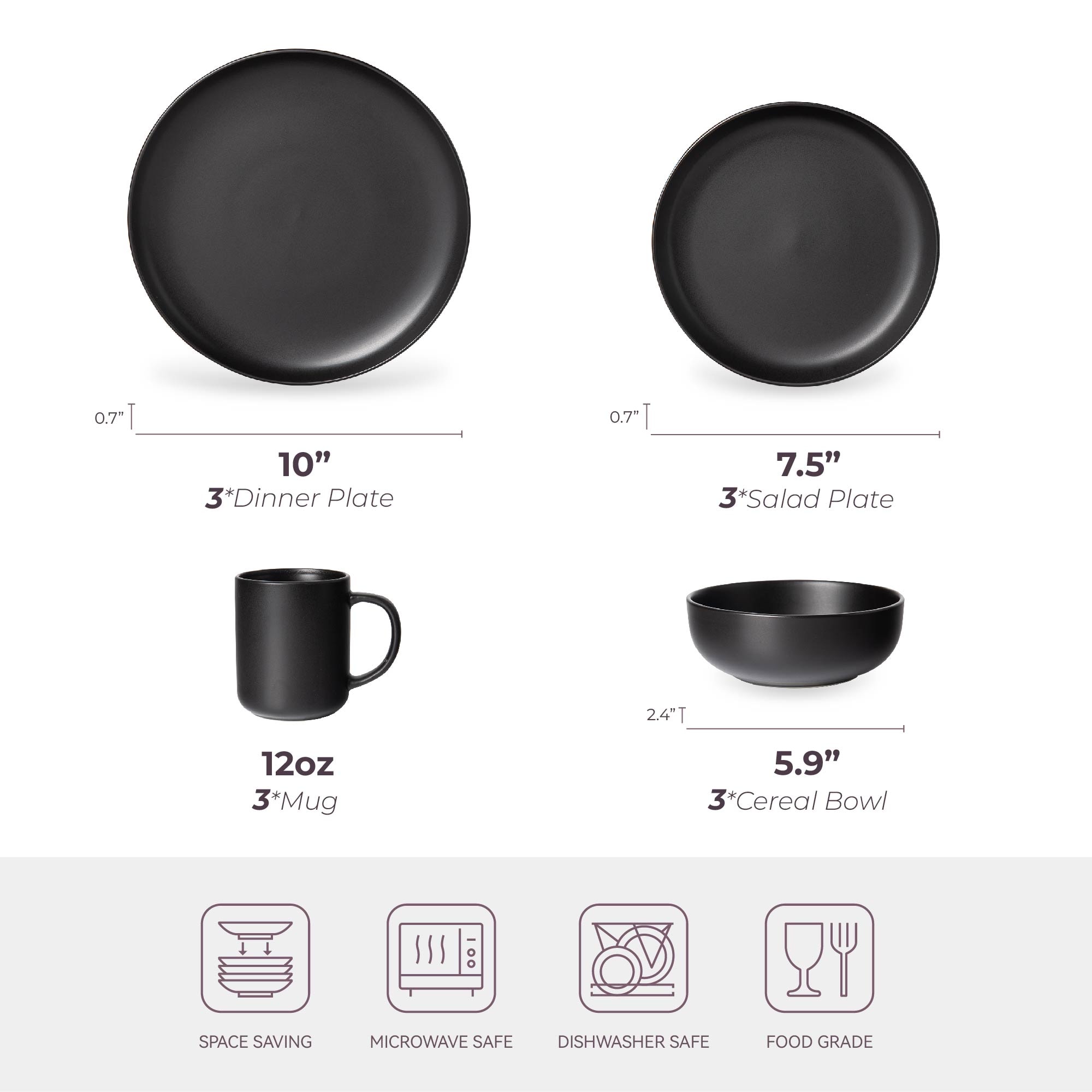 12-Piece Stoneware Dinnerware Sets With Mugs | Microwave & Dishwasher Safe | Non-Toxic Dinner Plates Bowls Set | Stackable Matte Glaze Kitchenware For 3,Black_voghion.com